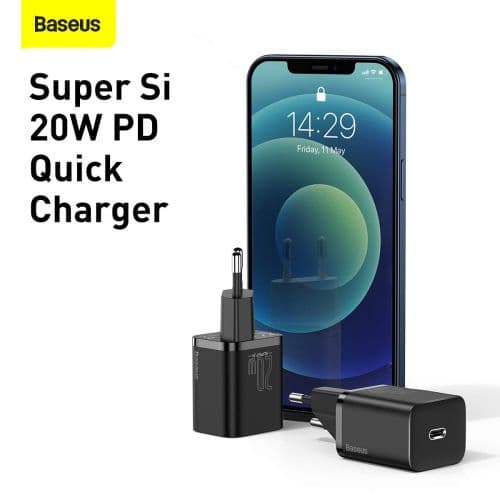 INCARCATOR retea Baseus Super Si, Quick Charge 20W, 1 x USB Type-C 5V/3A max, include cablu USB Type-C la Lightning Iphone 1m, negru "TZCCSUP-B01" (ti Sort