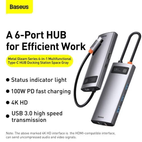 Hub 6in1 Baseus Metal Gleam Series, USB-C to 3x USB 3.0 + HDMI + USB-C PD + Ethernet RJ45