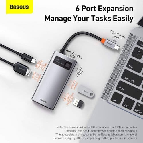 Hub 6in1 Baseus Metal Gleam Series, USB-C to 3x USB 3.0 + HDMI + USB-C PD + Ethernet RJ45