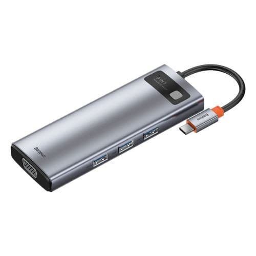 Hub 9in1 Baseus Metal Gleam Series, USB-C to 3x USB 3.0 + HDMI + USB-C PD + Ethernet RJ45 + microSD/SD + VGA