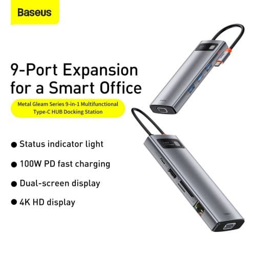 Hub 9in1 Baseus Metal Gleam Series, USB-C to 3x USB 3.0 + HDMI + USB-C PD + Ethernet RJ45 + microSD/SD + VGA