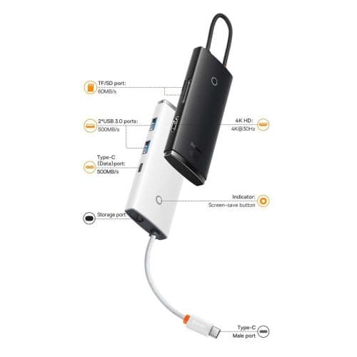 Baseus HUB Lite Series 5-in-1 Multifunctional (Type-C to 2x USB 3.0 / Type-C / HDMI 1.4 / SD/TF) Black (WKQX050001)