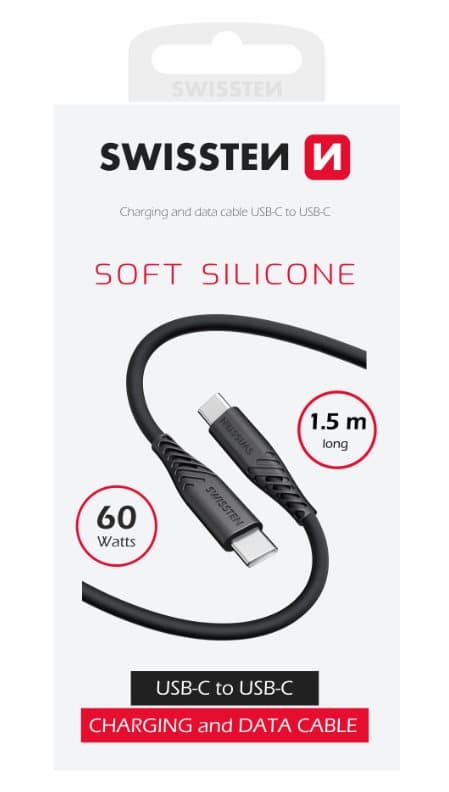 Swissten Datový kabel SOFT SILICONE USB-C / USB-C 1,5 M, PD 60 W, černý