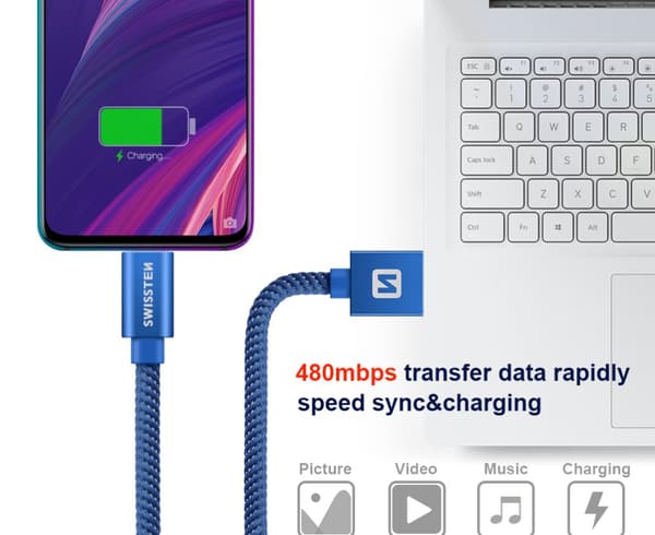 Swissten Datový Kabel Textile Usb / Usb-C 2,0 M Modrý