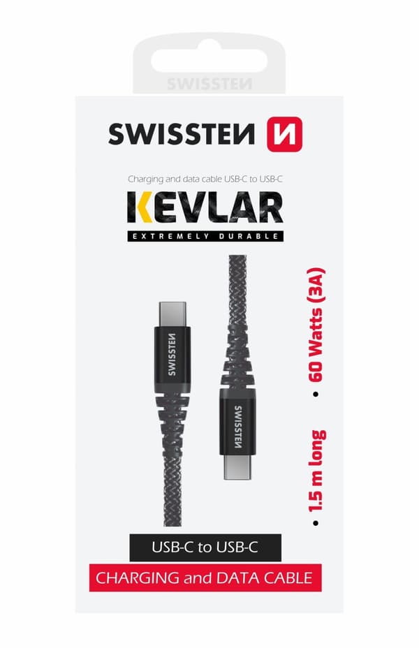 Swissten Datový kabel KEVLAR USB-C / USB-C 1,5 M, 60W, antracit