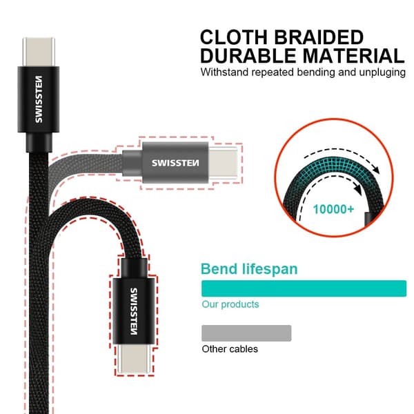 Swissten Datový Kabel Textile USB-C / USB-C 1,2 M Stříbrný