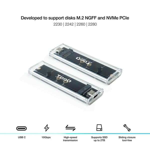 Kovalevykotelo Läpinäkyvä USB USB-C TooQ TQE-2200:lle – Käytännöllinen kotelo kovalevyllesi, USB- ja USB-C-liitännöillä.