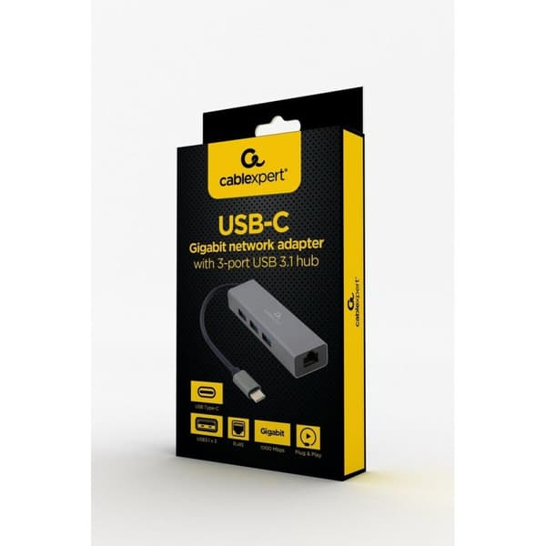USB-C HUB 4 Portar GEMBIRD A-CMU3-LAN-01 Vit Grå - Kompakt 4-portars USB-C hub för enkel anslutning i vit och grå färg.