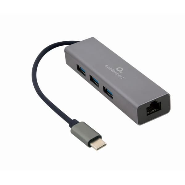 USB-C HUB 4 Portar GEMBIRD A-CMU3-LAN-01 Vit Grå - Kompakt 4-portars USB-C hub för enkel anslutning i vit och grå färg.