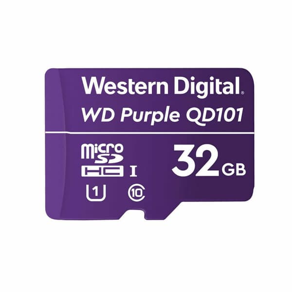 Mikro-SD-kortti WD Purple SC QD101 32 Gt - Western Digitalin luotettava tallennusratkaisu valvontakameroille. Jopa 32 Gt tallennuskapasiteetti.