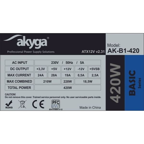 Strømforsyning Akyga AK-B1-420 420 W ATX - Effektiv og pålidelig strømforsyning til computere.
