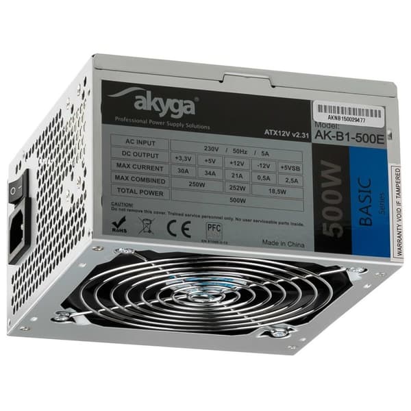 Strømforsyning Akyga AK-B1-500E 500 W - Effektiv og pålidelig ATX-strømforsyning med RoHS, CE og REACH-certificering.
