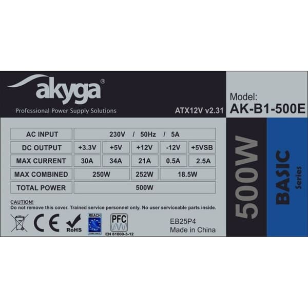 Strømforsyning Akyga AK-B1-500E 500 W - Effektiv og pålidelig ATX-strømforsyning med RoHS, CE og REACH-certificering.