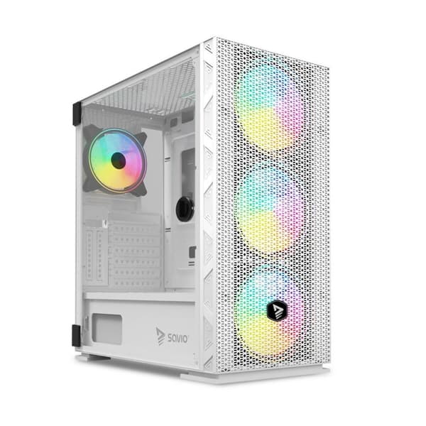 ATX Semitorn Savio RAPTOR WHITE X1 Musta Monivärinen - Premium-pelitietokone monipuolisella suunnittelulla ja värikkäillä yksityiskohdilla.