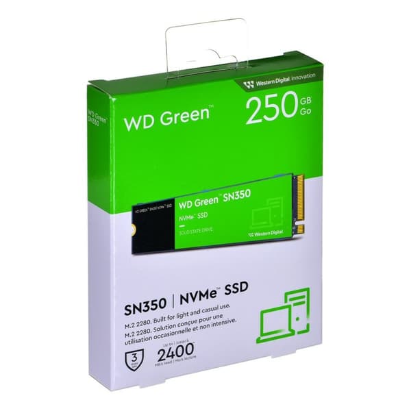WD Green SN350 250 GB SSD – Nopeampaa suorituskykyä ja tallennustilaa tarjoava kiintolevy. Päivitä tietokoneesi tähän luotettavaan SSD:hen.