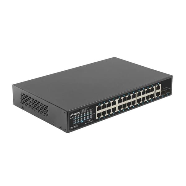 Verkkokytkin Lanberg RSGE-24P-2GE-2S-250 – Tehokas kytkin, jossa on 24 porttia, 2 Gigabit Ethernet -porttia ja 2 SFP-porttia luotettavaan yhteyteen.