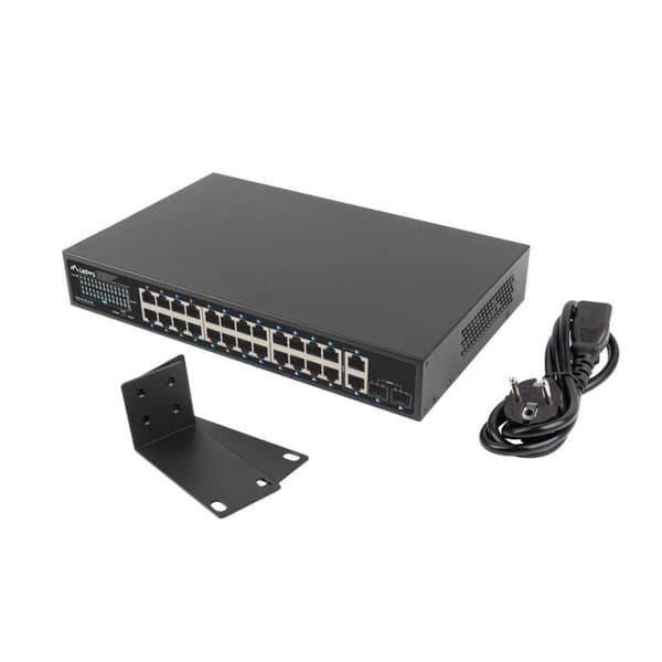 Verkkokytkin Lanberg RSGE-24P-2GE-2S-250 – Tehokas kytkin, jossa on 24 porttia, 2 Gigabit Ethernet -porttia ja 2 SFP-porttia luotettavaan yhteyteen.