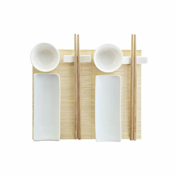 Sushiset DKD Home Decor Bambu Stengods Vit Naturell Orientalisk 28,5 x 19,5 x 3,3 cm (9 Delar) (28,5 x 19,5 x 3,3 cm)