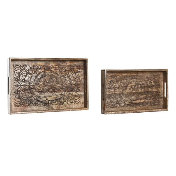 Uppsättning med Brickor DKD Home Decor 2 antal Brun Mörkbrun Mangoträ (2 antal)