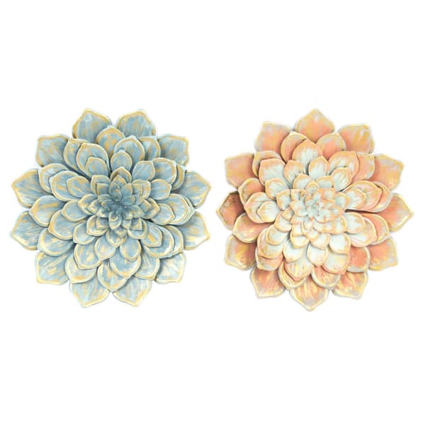 Väggdekoration DKD Home Decor 61 x 8 x 61 cm Blomster Blå Orange Shabby Chic (2 antal)