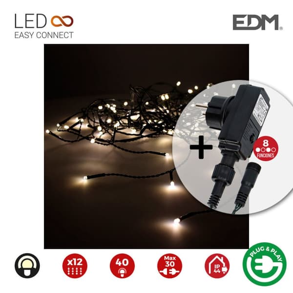 Gardinbelysning med LED EDM 71483 Icicle Easy-Connect 100 W 0,72 W Varmt ljus Varmvit 200 x 50 cm Vit