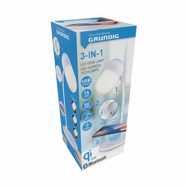 LED-lampe med højttaler og trådløs oplader Grundig Hvid 10 W 50 lm Ø 12 x 26 cm Plastik 3-i-1