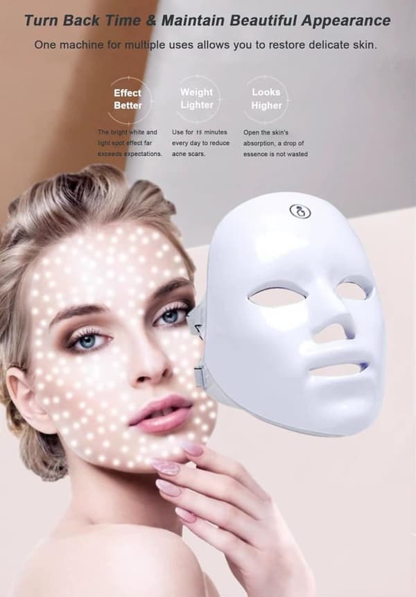 LED ansigtsmaske 7 farvelys - Genopladelig fotonterapimaske til hudpleje, acne, anti-aging, porthudsopstramning - hjem og rejser