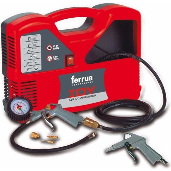 FERRUA Idy 1,5 HP 1100 W oliefri luftkompressor med tilbehør
