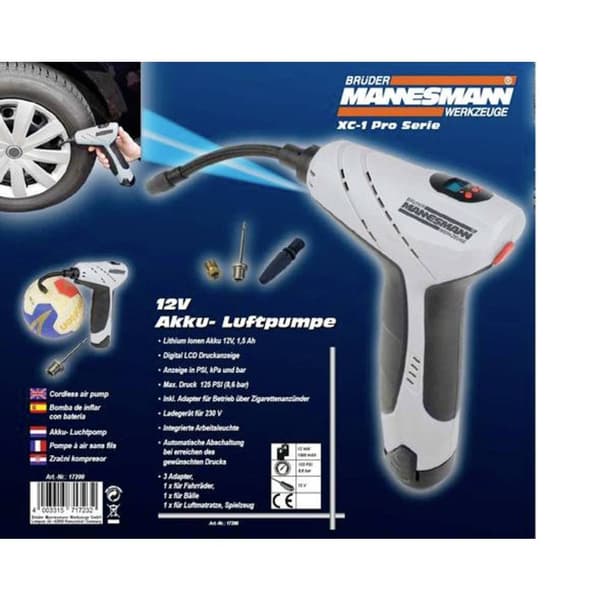 Brüder Mannesmann M17200 Volympump 8 bar med arbetslampa, 12V/230V laddare