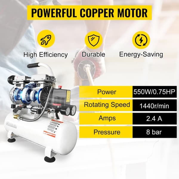 9L tank 0,75HP/550W 8 bar 110 L/min tyst luftkompressor med oljefri pump, högeffektiv ren kopparmotor, bred applikation, lätt att flytta