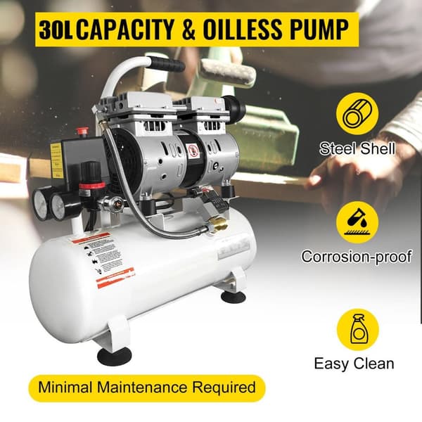 30L tank 1HP/750W 8 bar 165 L/min tyst luftkompressor med oljefri pump, högeffektiv ren kopparmotor, bred applikation, lätt att flytta