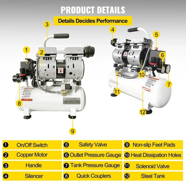 30L tank 1HP/750W 8 bar 165 L/min tyst luftkompressor med oljefri pump, högeffektiv ren kopparmotor, bred applikation, lätt att flytta