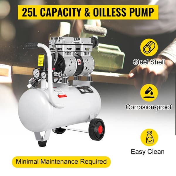 1HP/750W 8bar 165L/min 25L kapacitet luftkompressor med oljefri pump, ren kopparmotor, säkerhetsdesign, låg ljudnivå, lätt att flytta