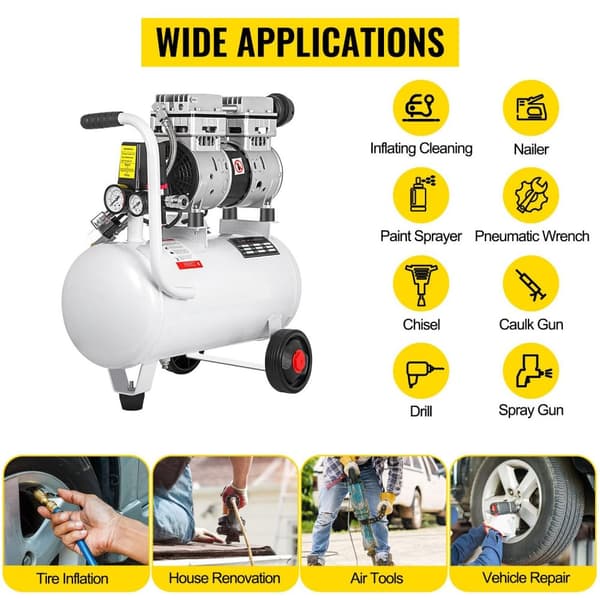 1HP/750W 8bar 165L/min 25L kapacitet luftkompressor med oljefri pump, ren kopparmotor, säkerhetsdesign, låg ljudnivå, lätt att flytta