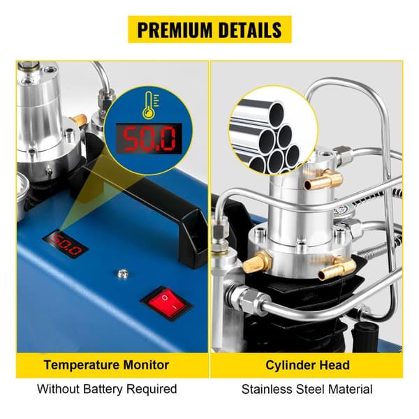 1800W 300 bar bärbar högtrycks PCP luftkompressorpump med LED temperaturdisplay, manuellt stopp, vattenkylning, flera skydd
