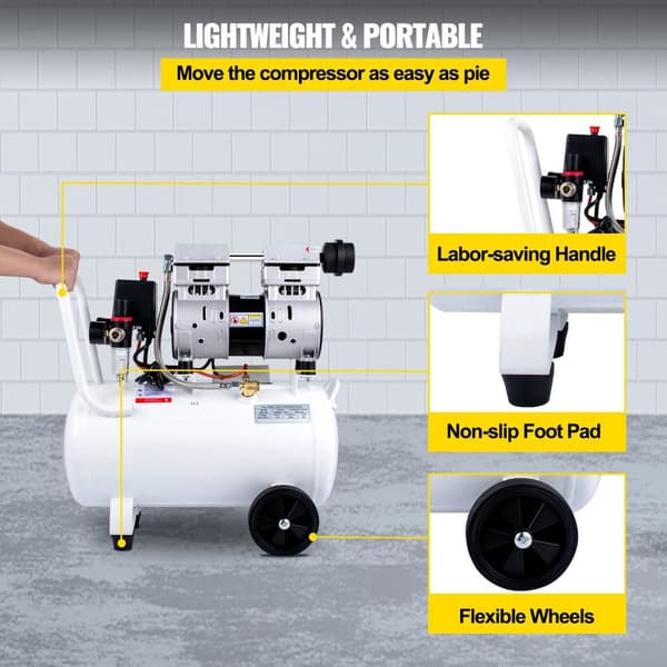 1,1HP/850W 115 PSI 30L oljefri luftkompressor med tryckmätare och säkerhetsventil, hög effektivitet, säker drift, lätt att flytta
