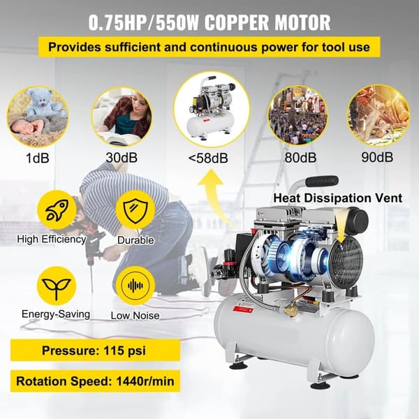 550W bärbar tyst oljefri luftkompressor med 9L tank, ren kopparmotor, hög effektivitet, enkel och säker att använda