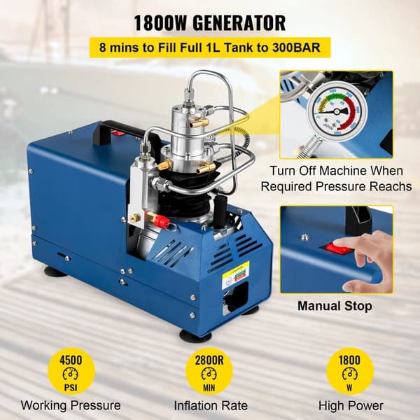 1800W 4500PSI 2800R/min högtrycks PCP luftkompressor, PCP luftpump, manuellt stopp, vattenkylning, lätt att bära