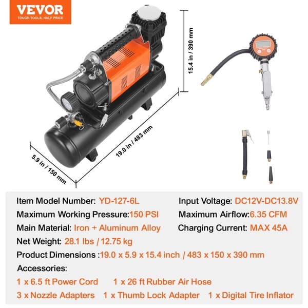Bærbar 12V luftkompressor, maksimalt tryk 150 PSI, høj luftstrøm 6,35 CFM,6L Tank