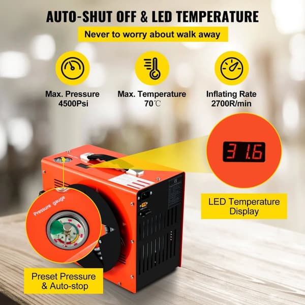 12V/220V 350W 4500psi/300bar bärbar PCP luftkompressor med inbyggd fläkt och adapter, automatiskt stopp, säker att använda