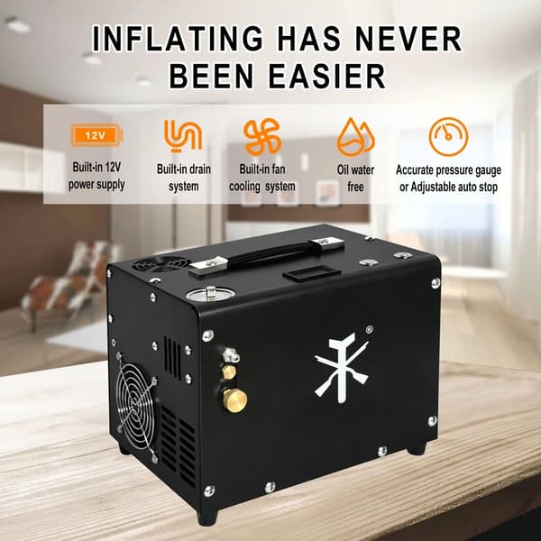 300W 30MPa 220V AC/12V DC PCP luftkompressor med inbyggd transformator, 4500Psi högtryckskompressor, justerbart tryck