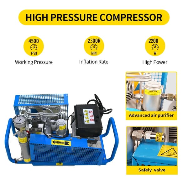 2,2kw 300Bar 100L/min dykning PCP luftkompressor med 4 högtryckscylindrar för 0-12L tank, autostopp, andningsluft standard