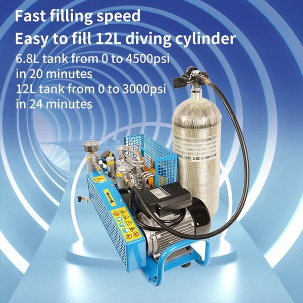 2,2kw 300Bar 100L/min dykning PCP luftkompressor med 4 högtryckscylindrar för 0-12L tank, autostopp, andningsluft standard