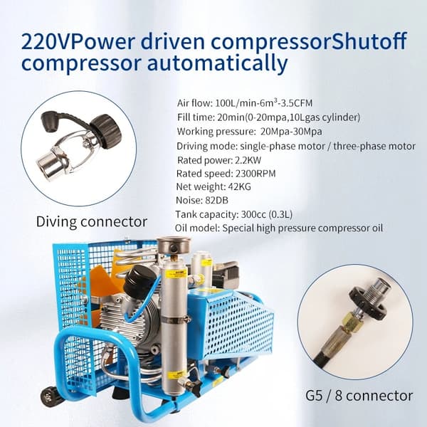 2,2kw 300Bar 100L/min dykning PCP luftkompressor med 4 högtryckscylindrar för 0-12L tank, autostopp, andningsluft standard