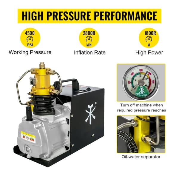 1800W 4500psi PCP luftkompressor för 0-3L dyktank, tvåstegs kompression, automatiskt stopp, lätt att bära