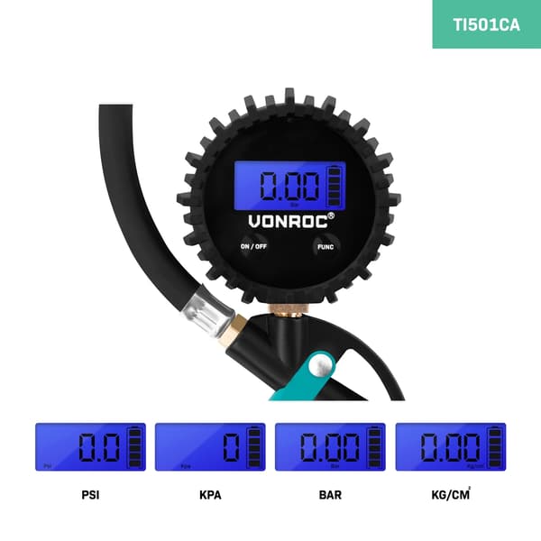 VONROC PRO Dækpumpe – 3-i-1: oppust, mål tryk og frigør luft – digital manometer | inkl. tilbehør