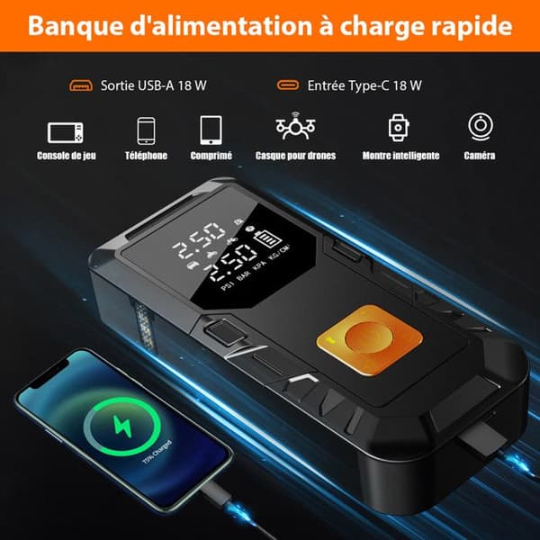 AWESAFE Smart Bilt Sartare, Bärbar luftkompressor, 12V bilstartare och 3-i-1 strömbank