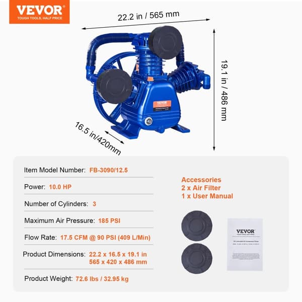 Luftkompressor Pumpehoved, 10HK Effekt, 185 PSI Maks Tryk,grå