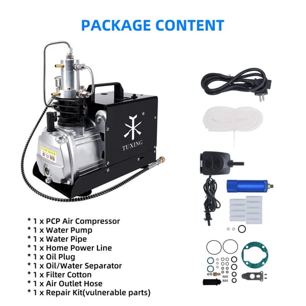 TUXING PCP Luftkompressor, 4500PSI Arbetstryck, Automatisk Avstängningsfunktion,Manuell avstängning, 220V