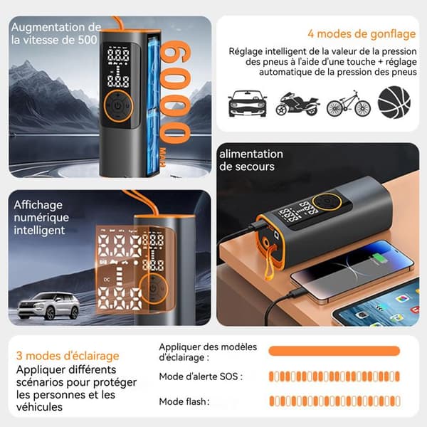 Däckpump - INN - Trådlös modell - 6000mAh - 150PSI - 4 uppblåsningslägen